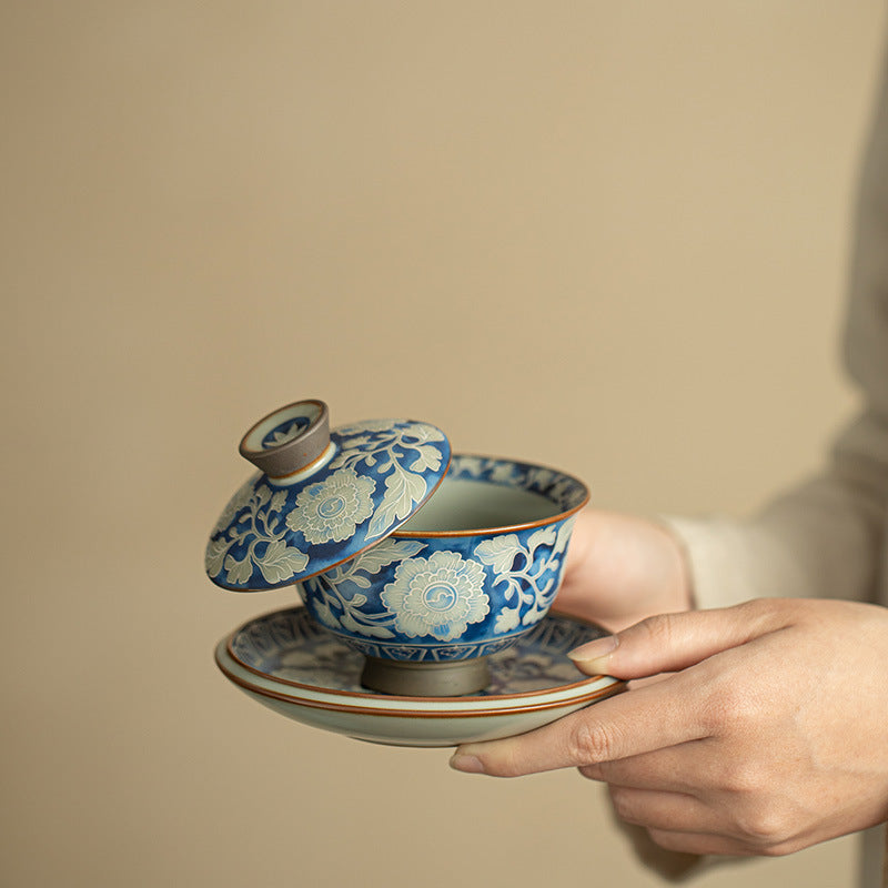 Authentic Jingdezhen Ru Ware Celadon Crackle & Yuan Blue-and-White Gold Ingot Sancai Gaiwan - 160ml Living Patina Tea Bowl
