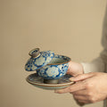 Authentic Jingdezhen Ru Ware Celadon Crackle & Yuan Blue-and-White Gold Ingot Sancai Gaiwan - 160ml Living Patina Tea Bowl