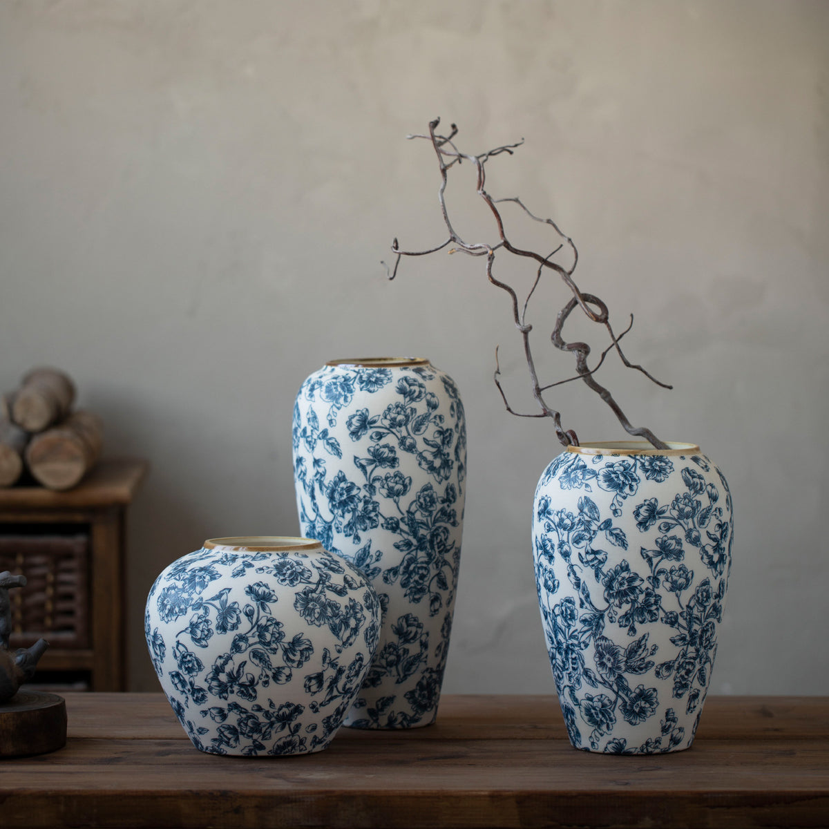 Three blue and white floral ceramic vases in New Chinese interior