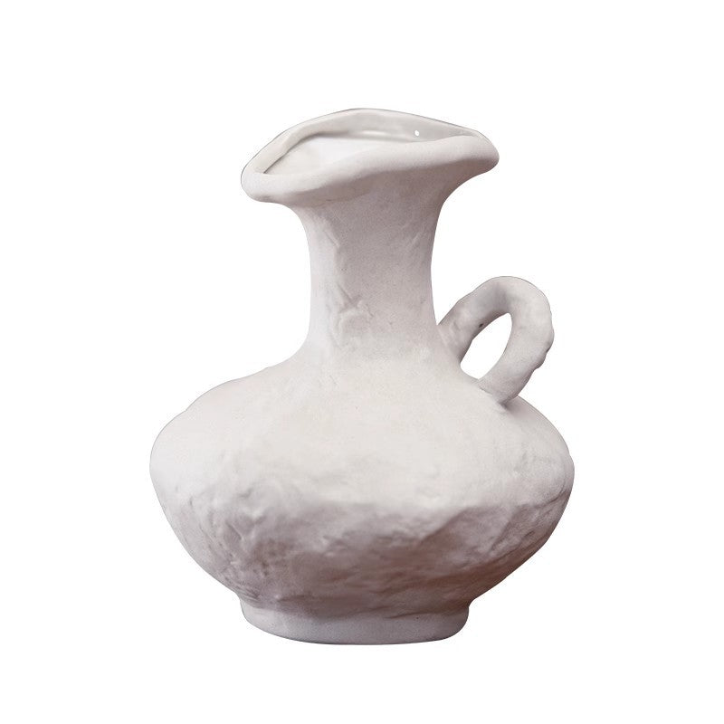 White rustic ceramic jug vase isolated front view