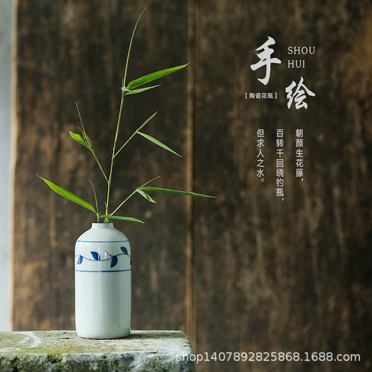 Hand-painted blue white bamboo motif ceramic bud vase in New Chinese style