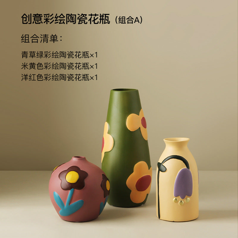 Colorful hand-painted ceramic vase trio set with mauve round, cream tulip and olive flower designs