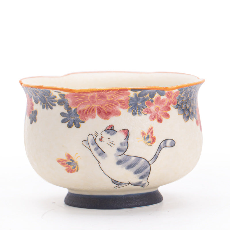 Handcrafted Gilded Auspicious Blossom Cat Scalloped Master Teacup - 85ml Gongfu Teacup