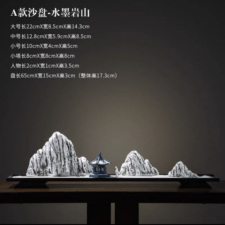 New Chinese Ceramic Mountain Sand-Tray Landscape – Pavilion, Scholar & Snow Peak Zen Tabletop Decor Collection