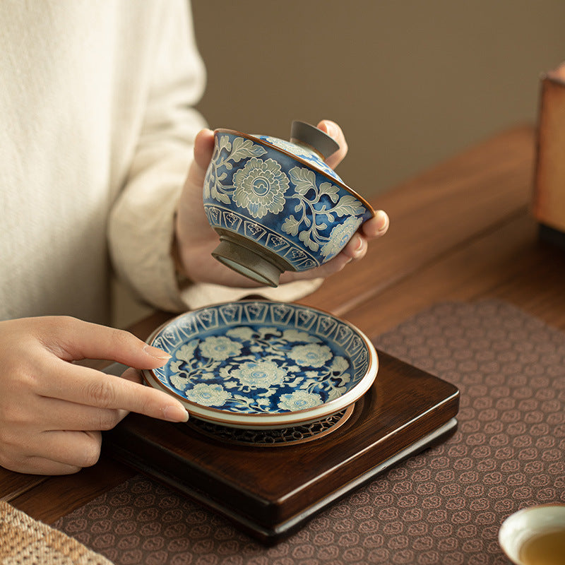 Authentic Jingdezhen Ru Ware Celadon Crackle & Yuan Blue-and-White Gold Ingot Sancai Gaiwan - 160ml Living Patina Tea Bowl