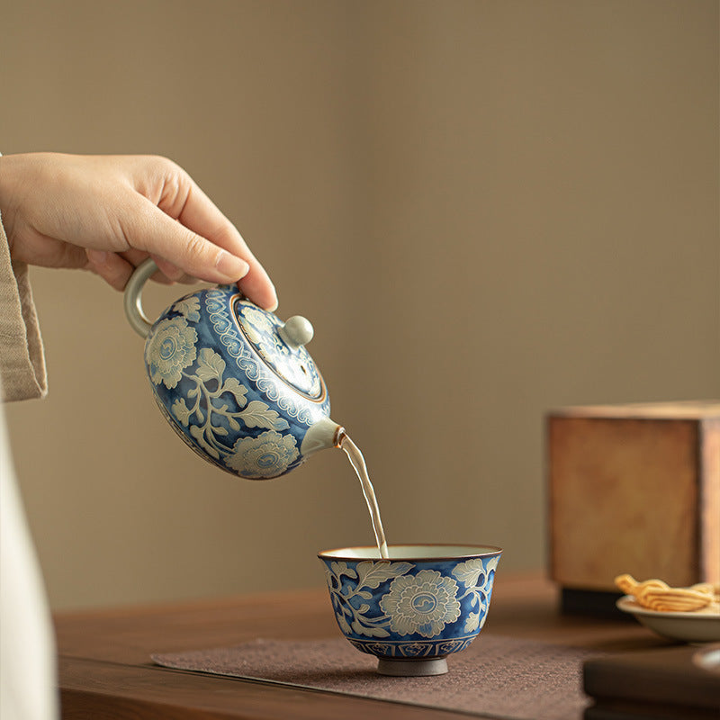 Authentic Jingdezhen Ru Ware Sky Blue Celadon Crackle Xishi Teapot with Sculpted Peony Relief - 200ml Living Patina Tea Pot
