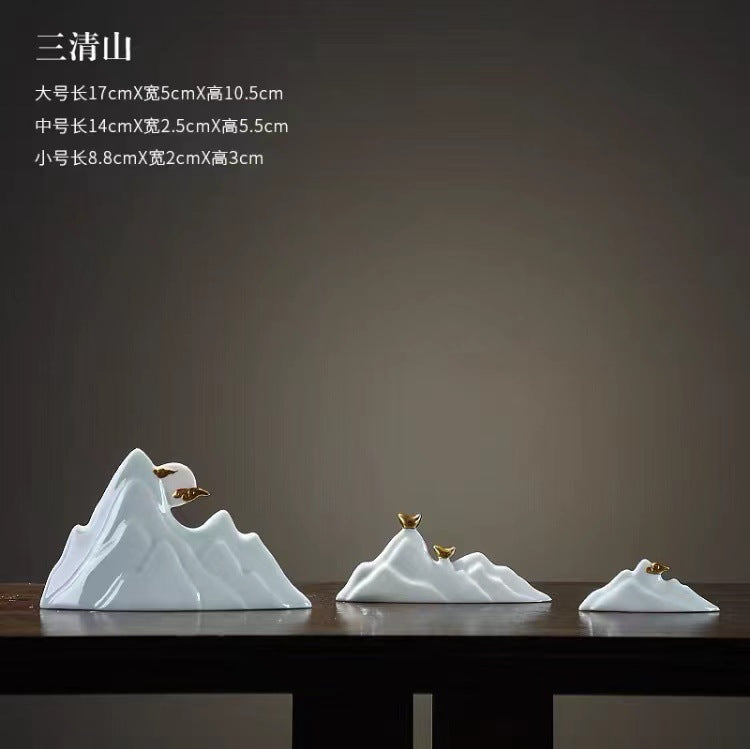 New Chinese Ceramic Mountain Sand-Tray Landscape – Pavilion, Scholar & Snow Peak Zen Tabletop Decor Collection