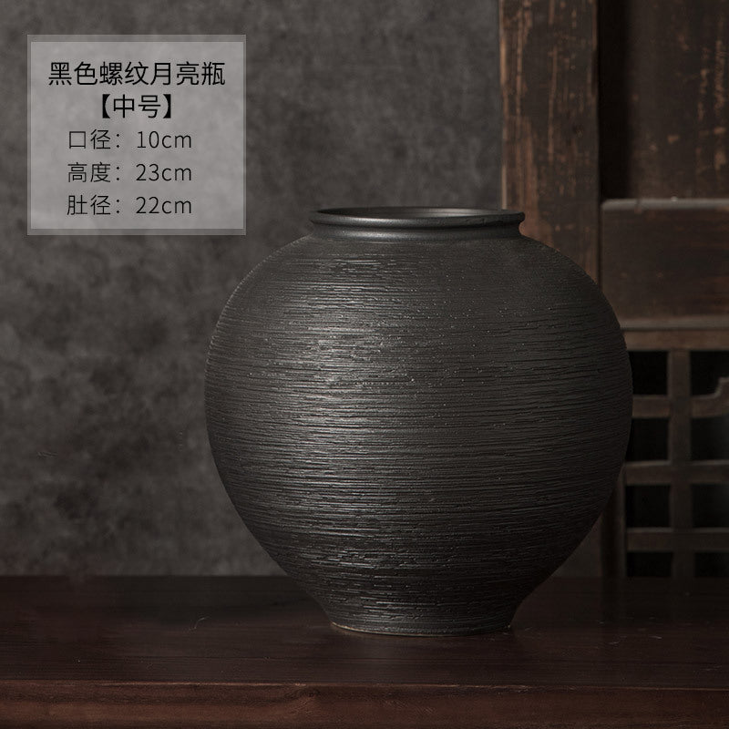 Medium black ribbed round jar vase 23 cm high and 22 cm diameter