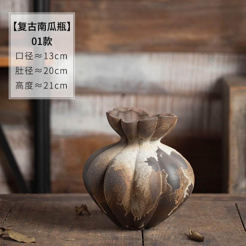 Aged rust brown fluted gourd ceramic vase small 21 cm size