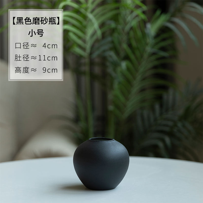 Matte black sand-texture round ceramic vase 9 cm size