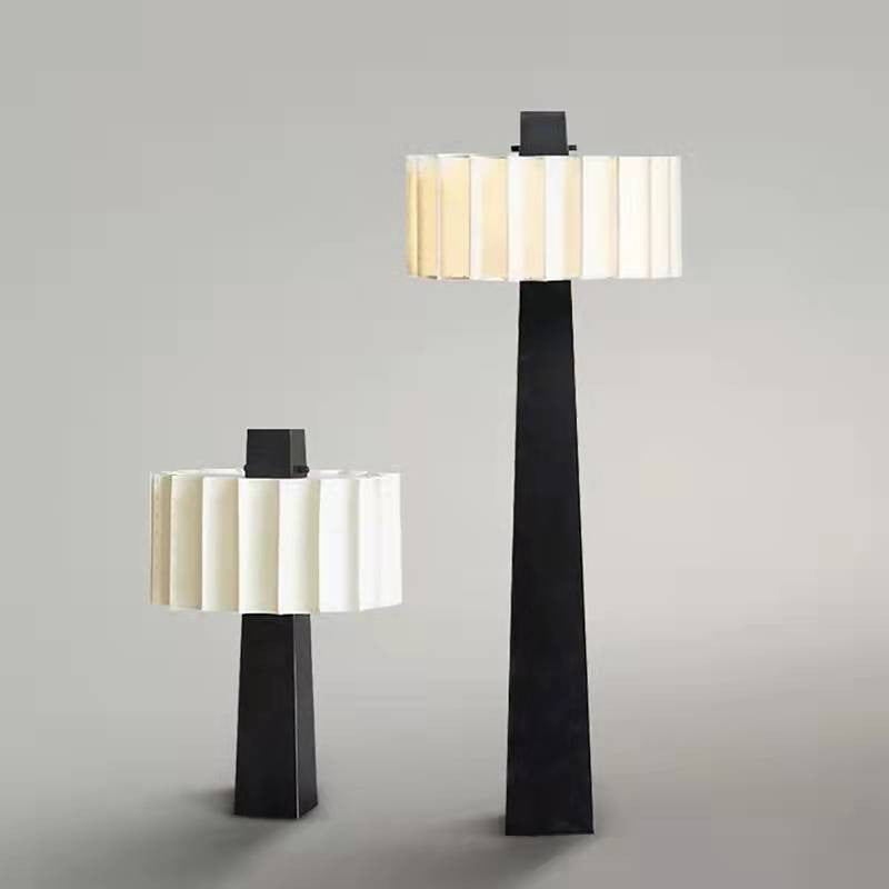 33cm by 55cm black and ivory pleated table lamp front view