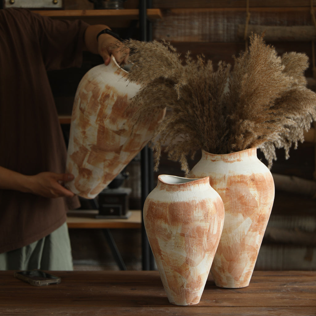 Cream terracotta abstract pottery vase styled as rustic home decor