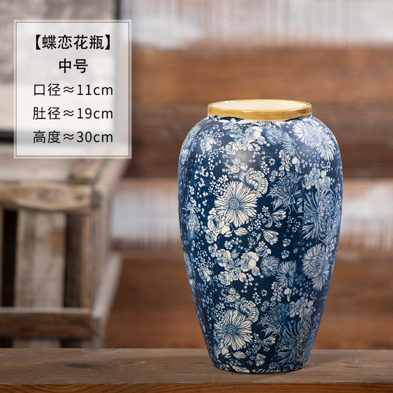 Indigo butterfly-flower ceramic vase, Medium, 30 cm high