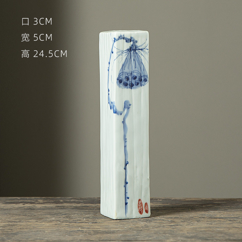 Hand-painted blue white rectangular ceramic bud vase with lotus motif, 24.5 cm