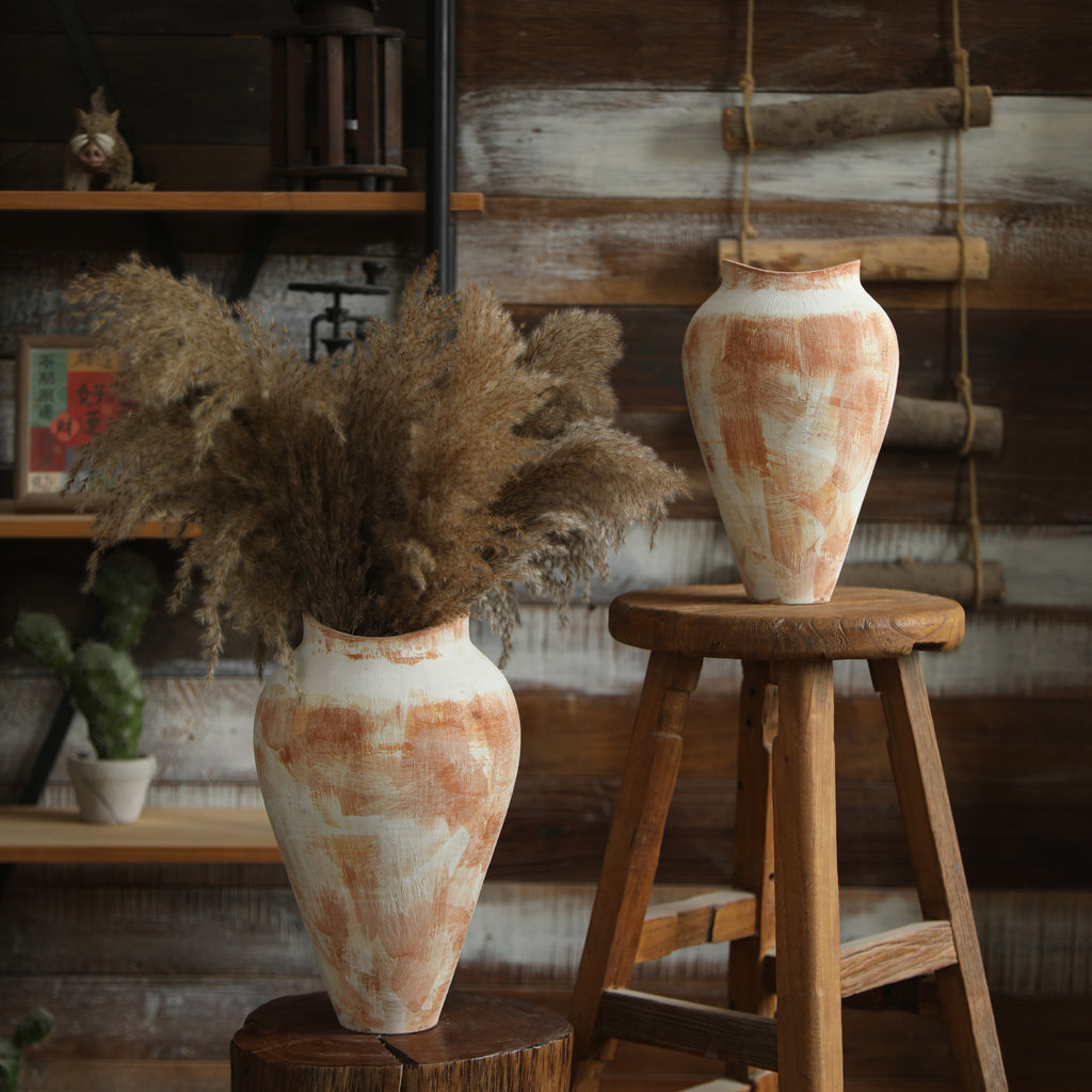 Small hand-painted cream terracotta ceramic vase 31 cm high