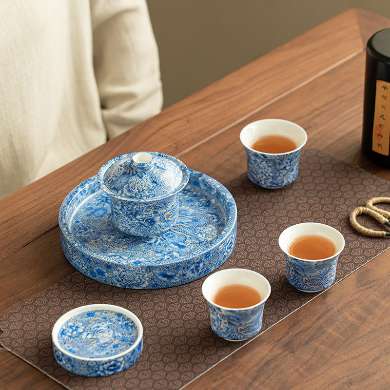 Authentic Jingdezhen Hand-Painted Imperial Dragon Horseshoe Hovering Sancai Gaiwan & Chachen Tray Tea Set