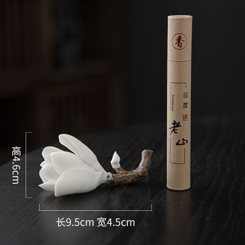 White magnolia incense holder paired with Indian Laoshan sandalwood incense