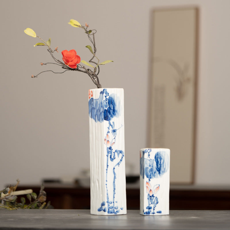 Hand-painted blue white lotus rectangular ceramic bud vase pair