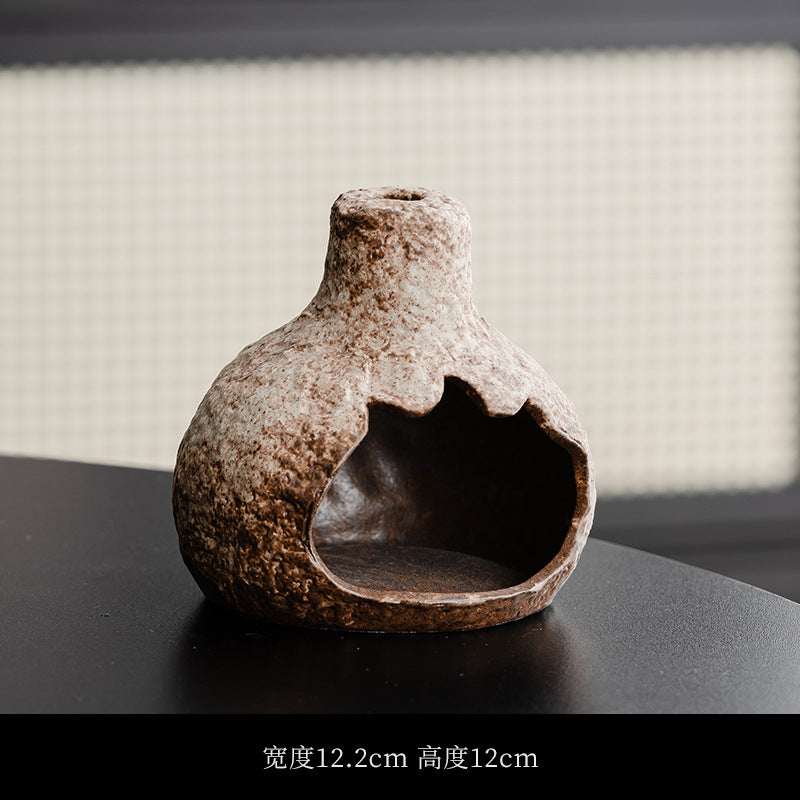 Natural brown gourd ceramic ritual burner with open cave front