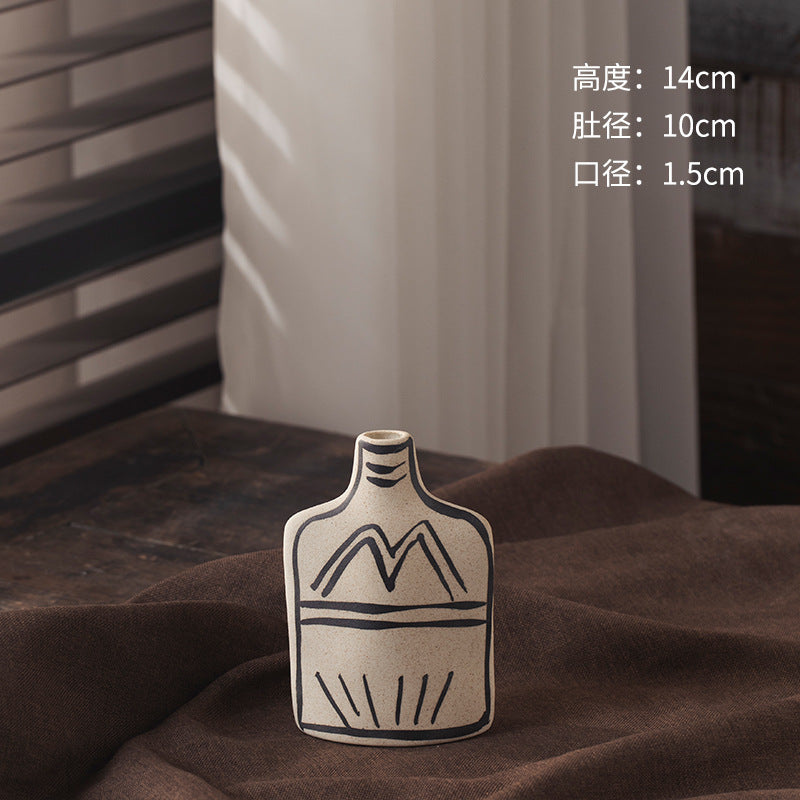 Ivory black-line art ceramic vase small mountain bottle 14 cm high