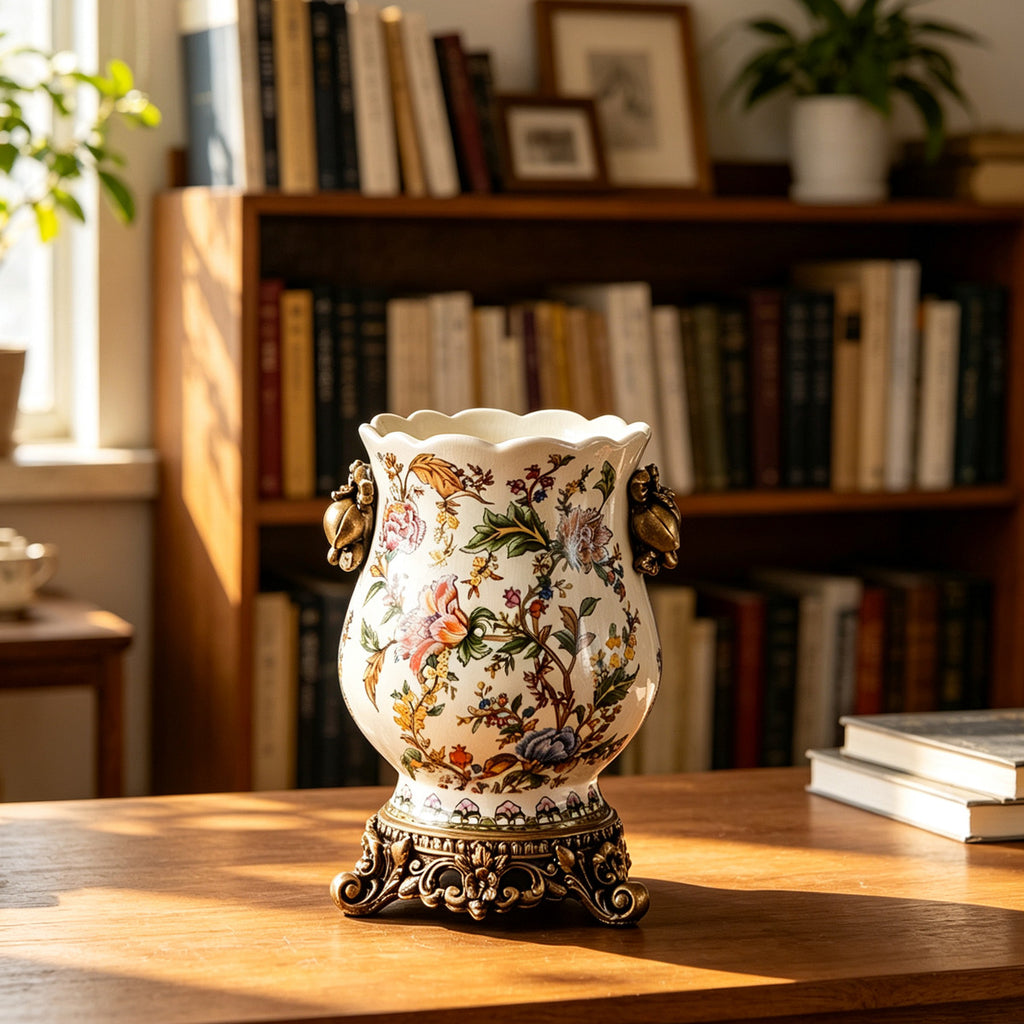 Vintage European ceramic vase with colorful botanical pattern styled on a study table