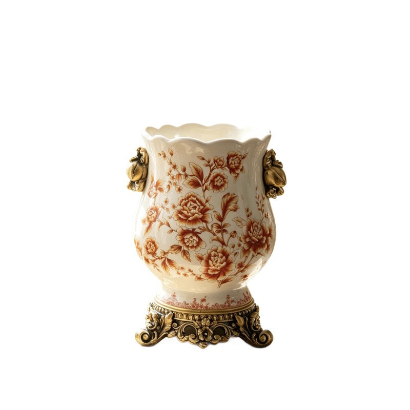 Vintage European ceramic vase with warm rust floral pattern isolated on white