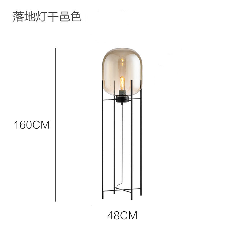 Amber glass cage floor lamp with exposed E27 bulb