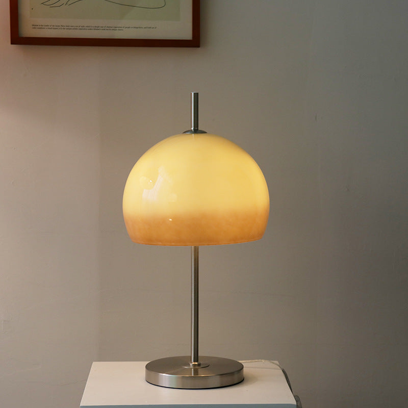 Milk tea glass mushroom table lamp with brushed metal stem