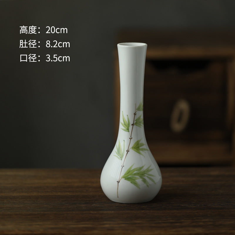White bamboo botanical long-neck ceramic bud vase 20 cm high