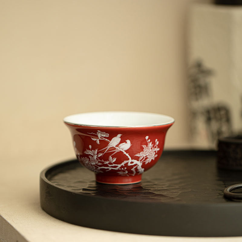 Authentic Jingdezhen Coral Red Raised-White Magpie & Plum Yashou Master Teacup - 90ml Gongfu Teacup