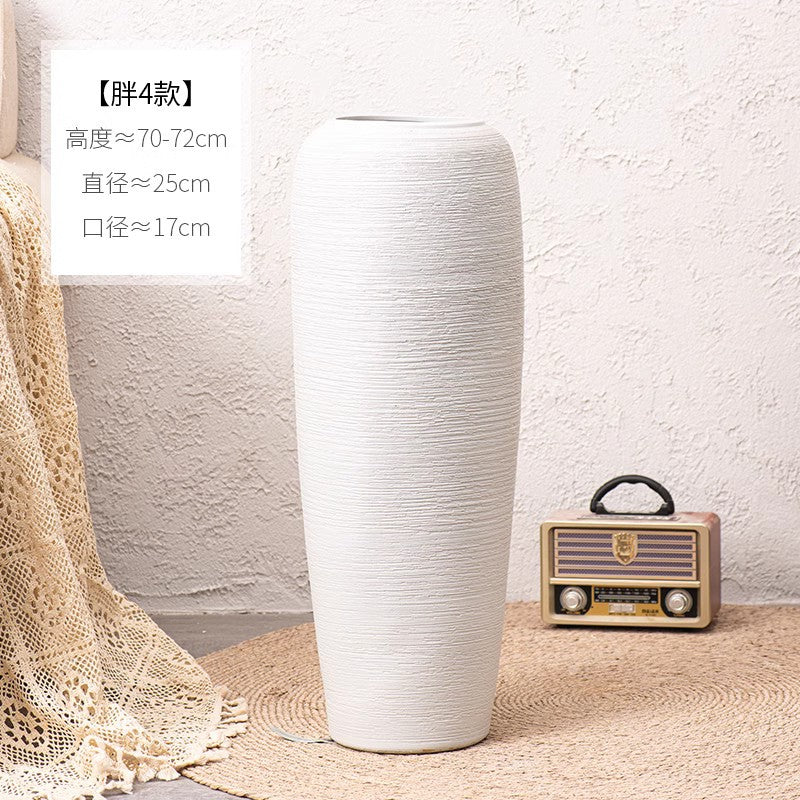 Ivory white wide floor vase 70 to 72 cm high with horizontal ribbed texture