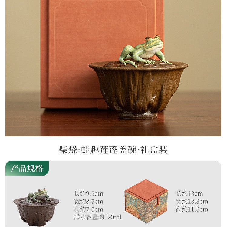Authentic Jingdezhen Wood-Fired Coarse Stoneware Lotus Pod & Playful Frog Gaiwan - 150ml Handcrafted Chaishao Tea Bowl
