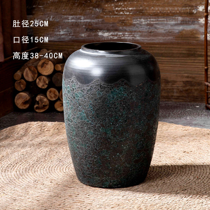 Wide green patina ceramic floor vase 38 to 40 cm high