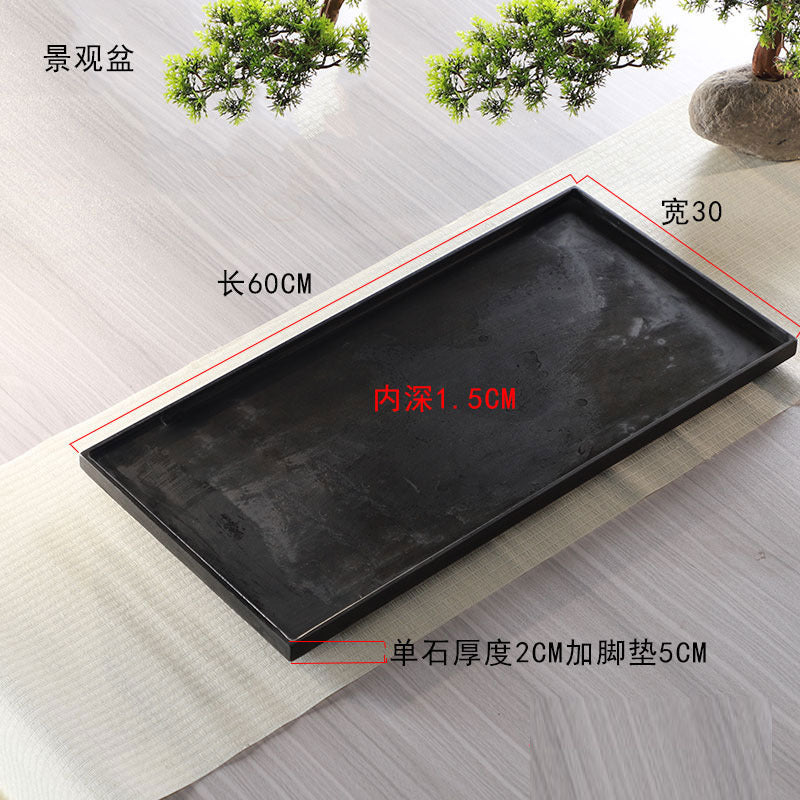 Rectangular black stone water garden tray with measured proportions