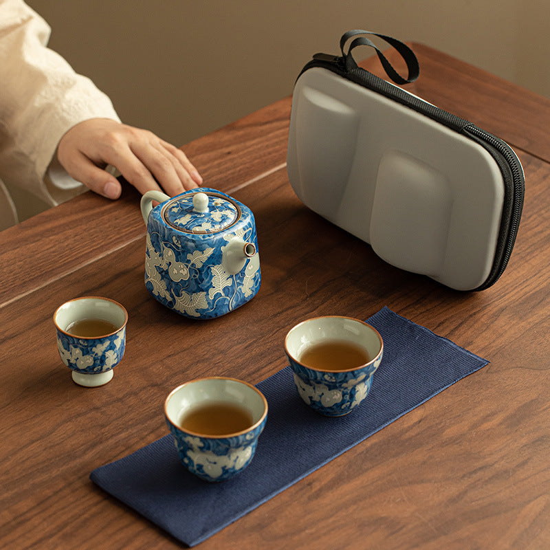 Authentic Jingdezhen Yuan Blue & White Ru Ware Celadon 4-Piece Portable Travel Gongfu Tea Set with Travel Case