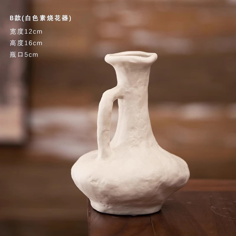 Style B white rustic ceramic handled vase 12 cm wide 16 cm high