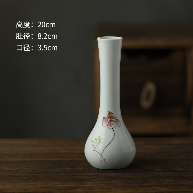 White red floral long-neck ceramic bud vase 20 cm high