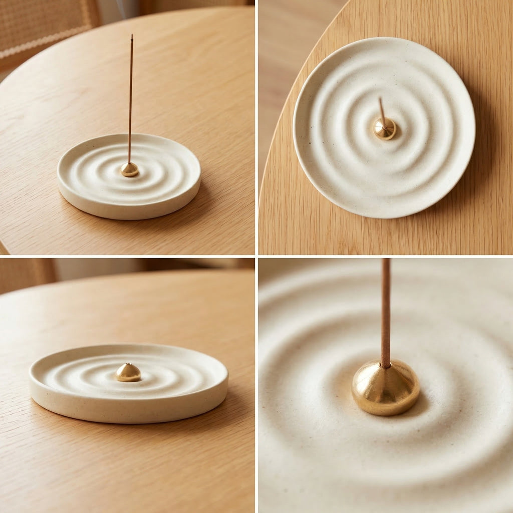 Ripple ceramic and brass incense holder shown from multiple angles