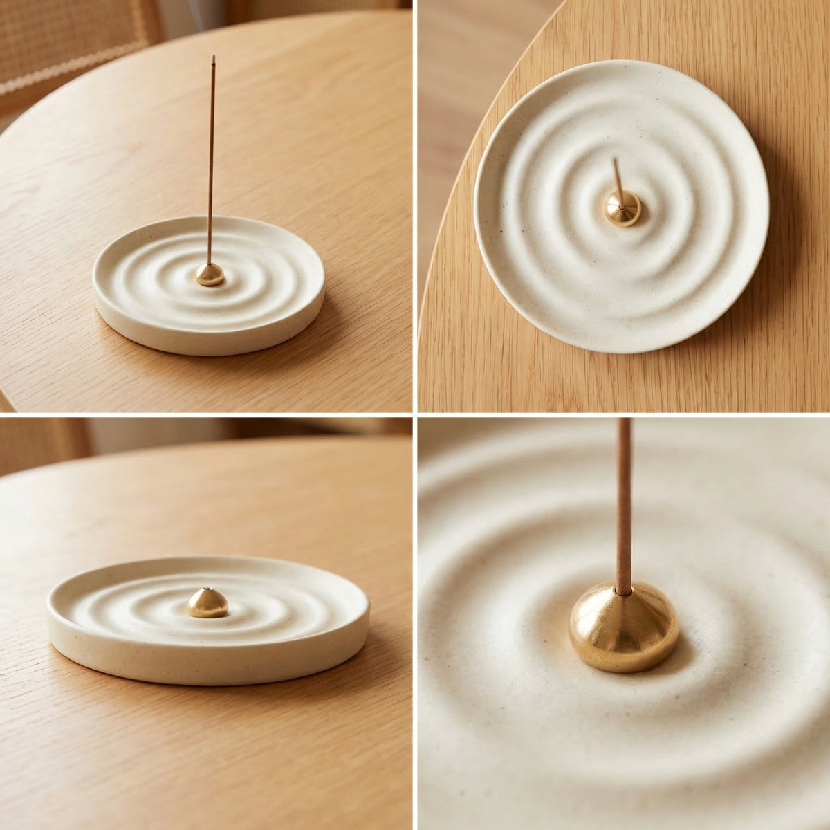 Ripple ceramic and brass incense holder shown from multiple angles
