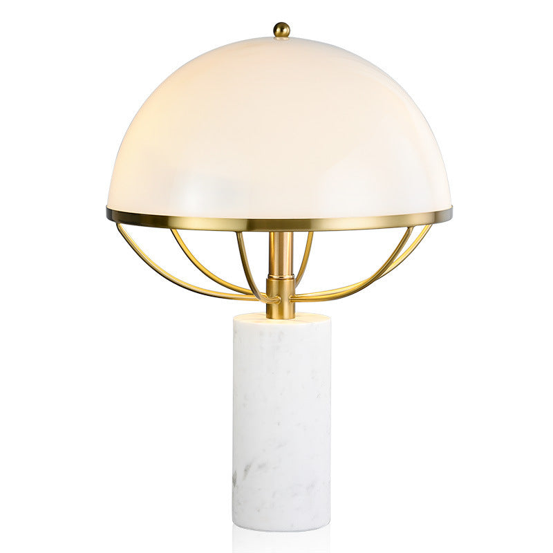 White marble mushroom lamp styled in modern luxury bedroom