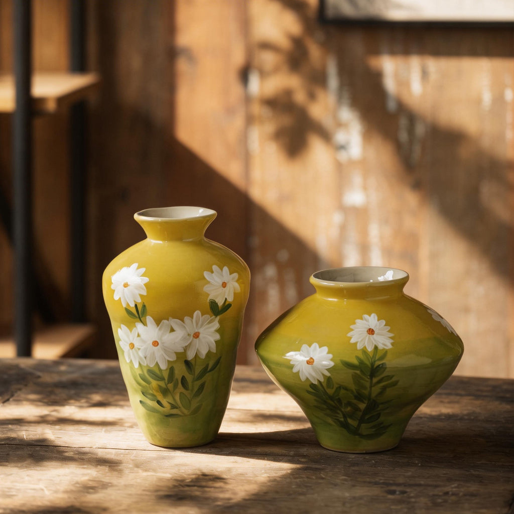 Mustard yellow daisy ceramic vase pair styled in warm interior