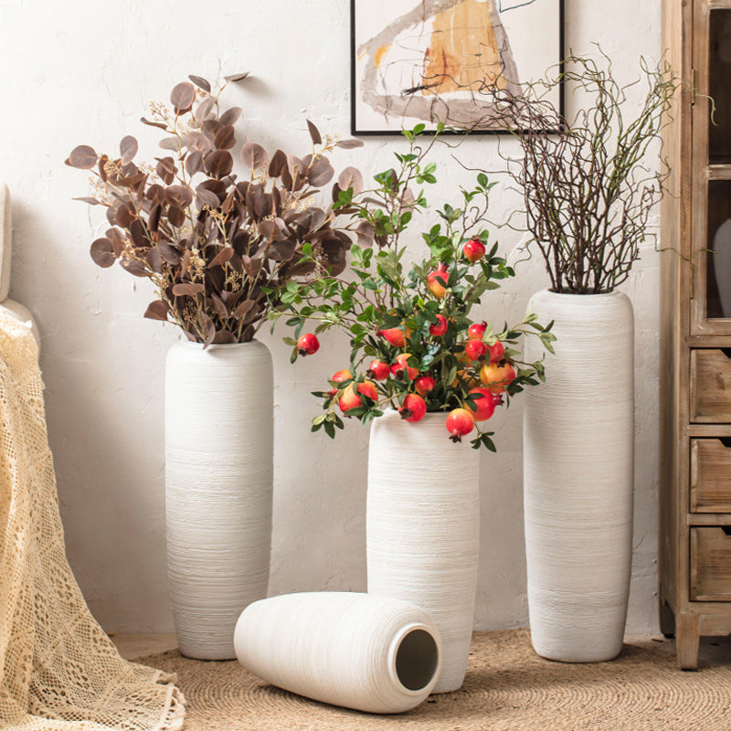 Ivory white ribbed ceramic floor vase collection in New Chinese interior