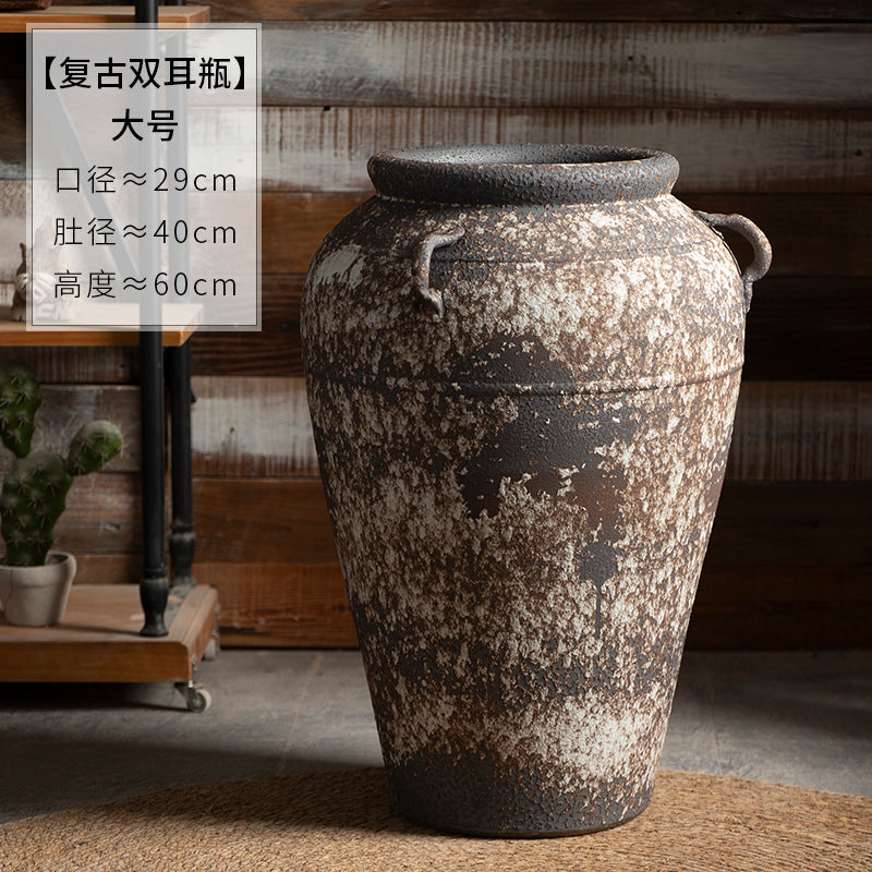 Large rustic double-handle ceramic urn 60 cm high