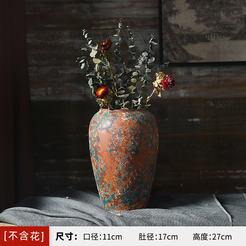 Medium terracotta orange and blue-green patina ceramic vase 27 cm high