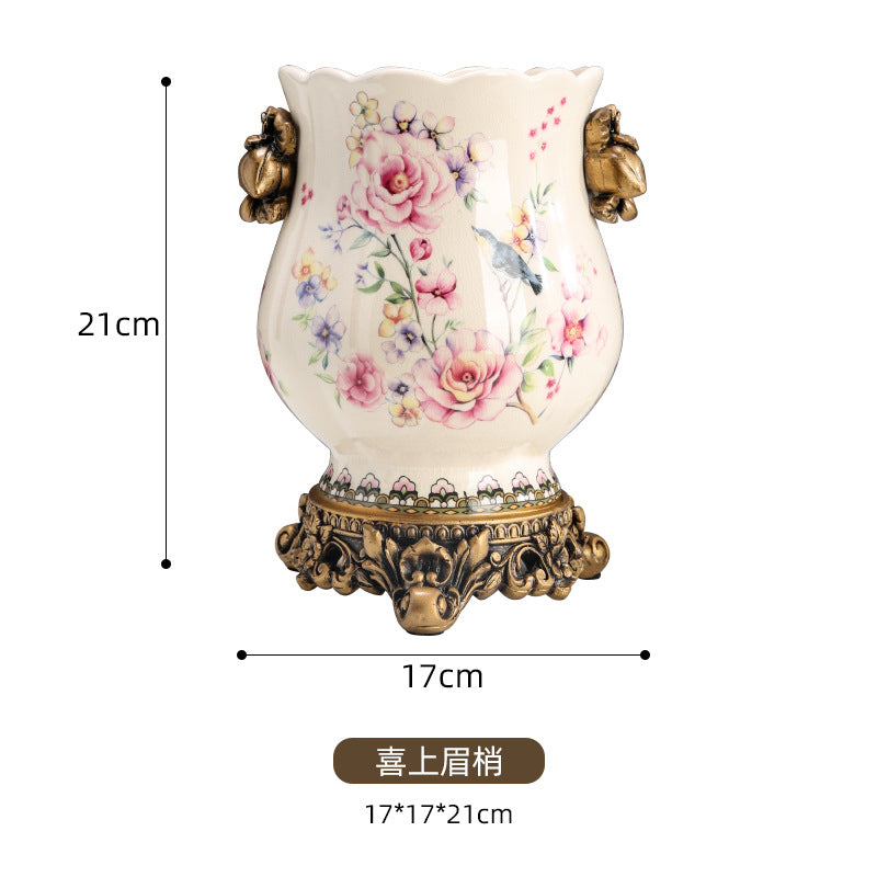 Vintage European ceramic vase with pink rose garden pattern, 21 cm high by 17 cm wide