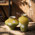 Mustard yellow hand-painted daisy ceramic vase pair in two shapes