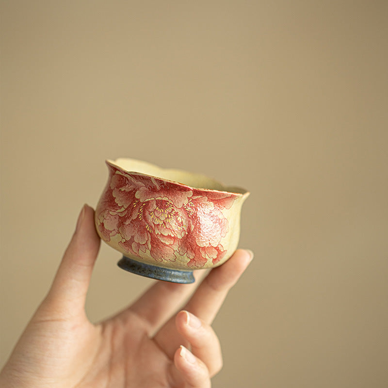 Authentic Jingdezhen Flint Red Blue & White National Peony Scalloped Master Teacup - 85ml Gongfu Teacup