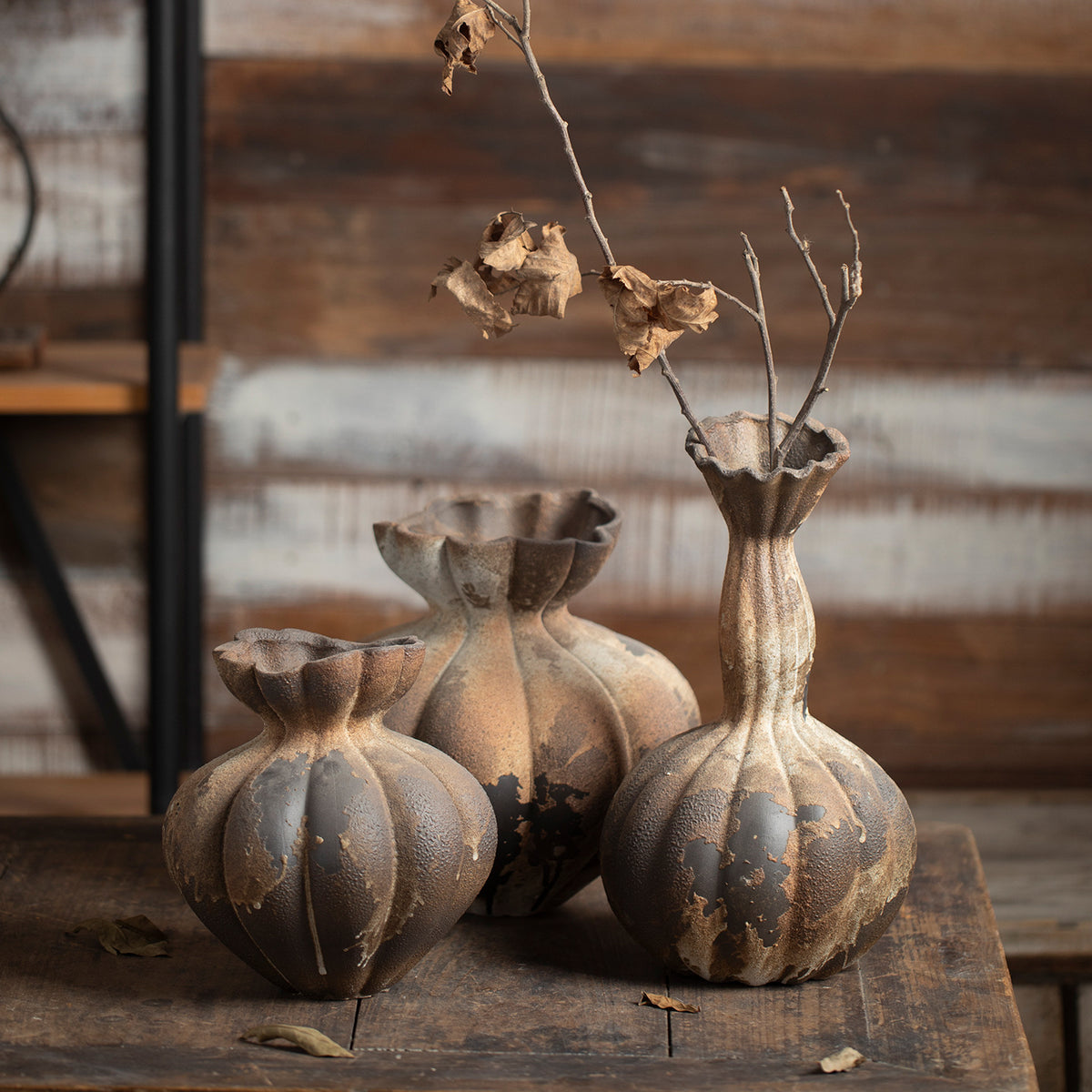 Aged rust brown fluted ceramic vase three-shape collection