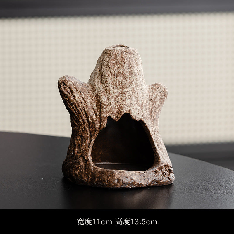 Natural brown tree stump ceramic sacred wood burner 11 cm wide by 13.5 cm high