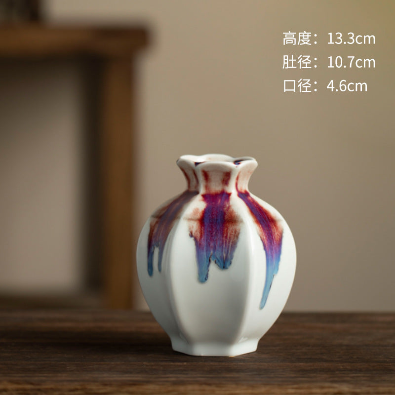 White rainbow drip-glaze ceramic bud vase 13.3 cm high